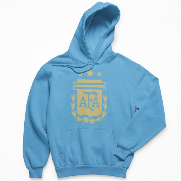 NEW Argentina Soccer Crest 3 Stars Big Logo Fleece Pullover Hoodie LT BLUE GOLD